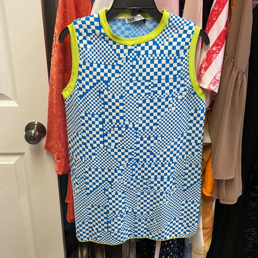 Zara blue checker dress bright green trim
